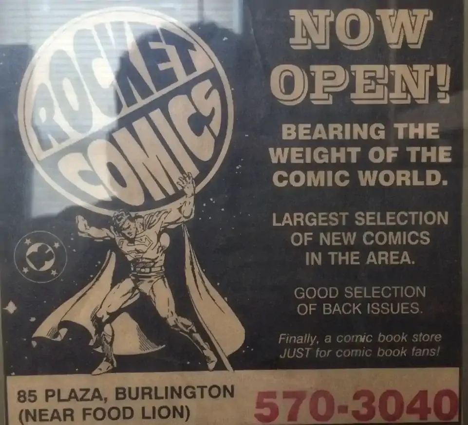 An early advertisement for Rocket Comics in the Burlington-Times News