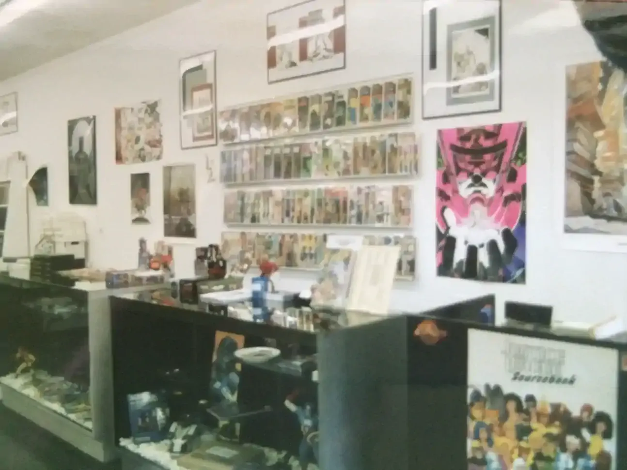 The display cases at Rocket Comics, filled with collectibles and back issues
